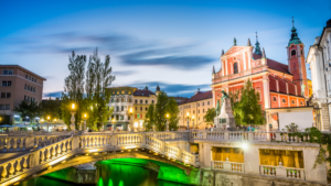 Ljubljana Landmark - Tromostovje in the city center, Slovenia