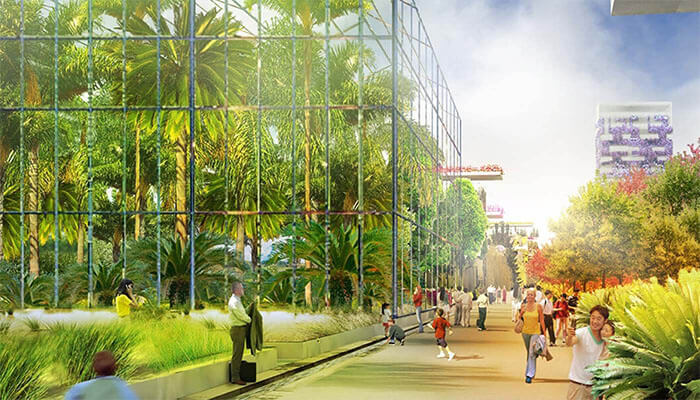 Artist impression of a green city sidewalk with a variety of plants.